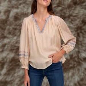 Velvet by Graham & Spencer Sandra V-Neck Ecru Blouse with Blue Accents